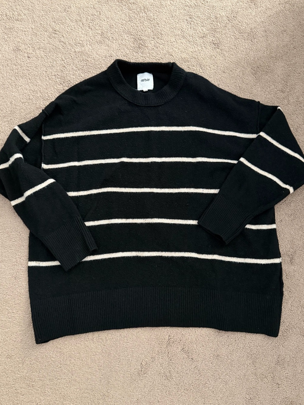 aerie Black Crewneck Sweater with Cream Stripes